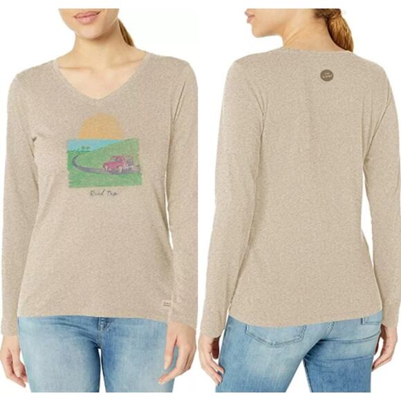 Life is Good Road Trip Crusher Long Sleeve V-Neck Tee Women's L Heather Mocha - Picture 1 of 8